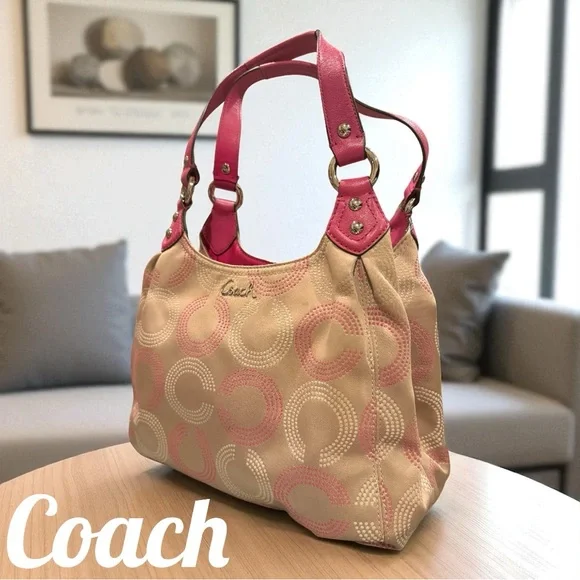 Coach F21920 Op Art Dotted Ashley Hobo Shoulder Bag Khaki Pink Branded Keychain - Picture 16 of 16